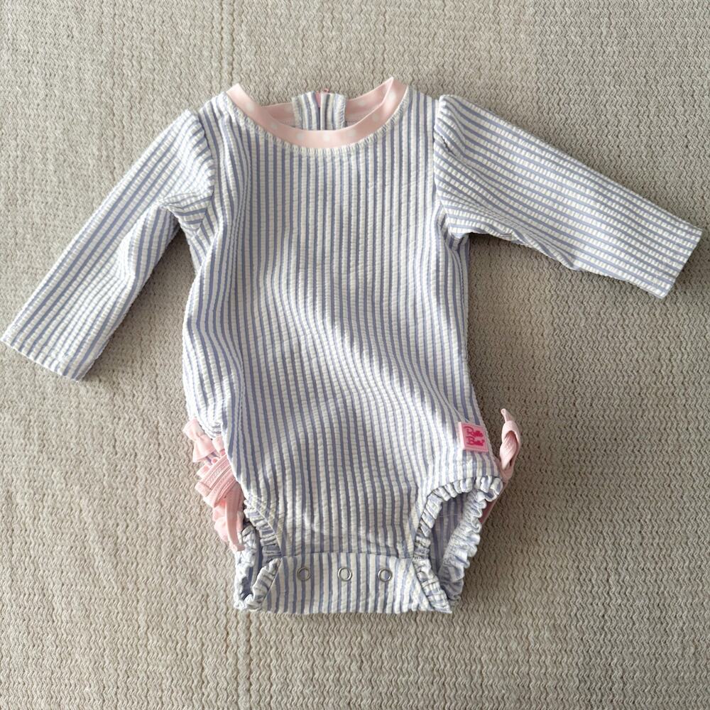 Ruffle Butts Blue White Seersucker Polka Dot Trim Long Sleeve One Piece Swimsuit